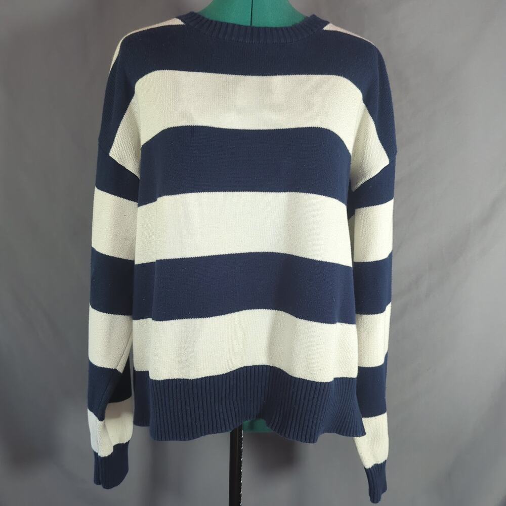 Navy Cream Striped Oversized Sweater Preppy Coastal Crewneck Fall Knit